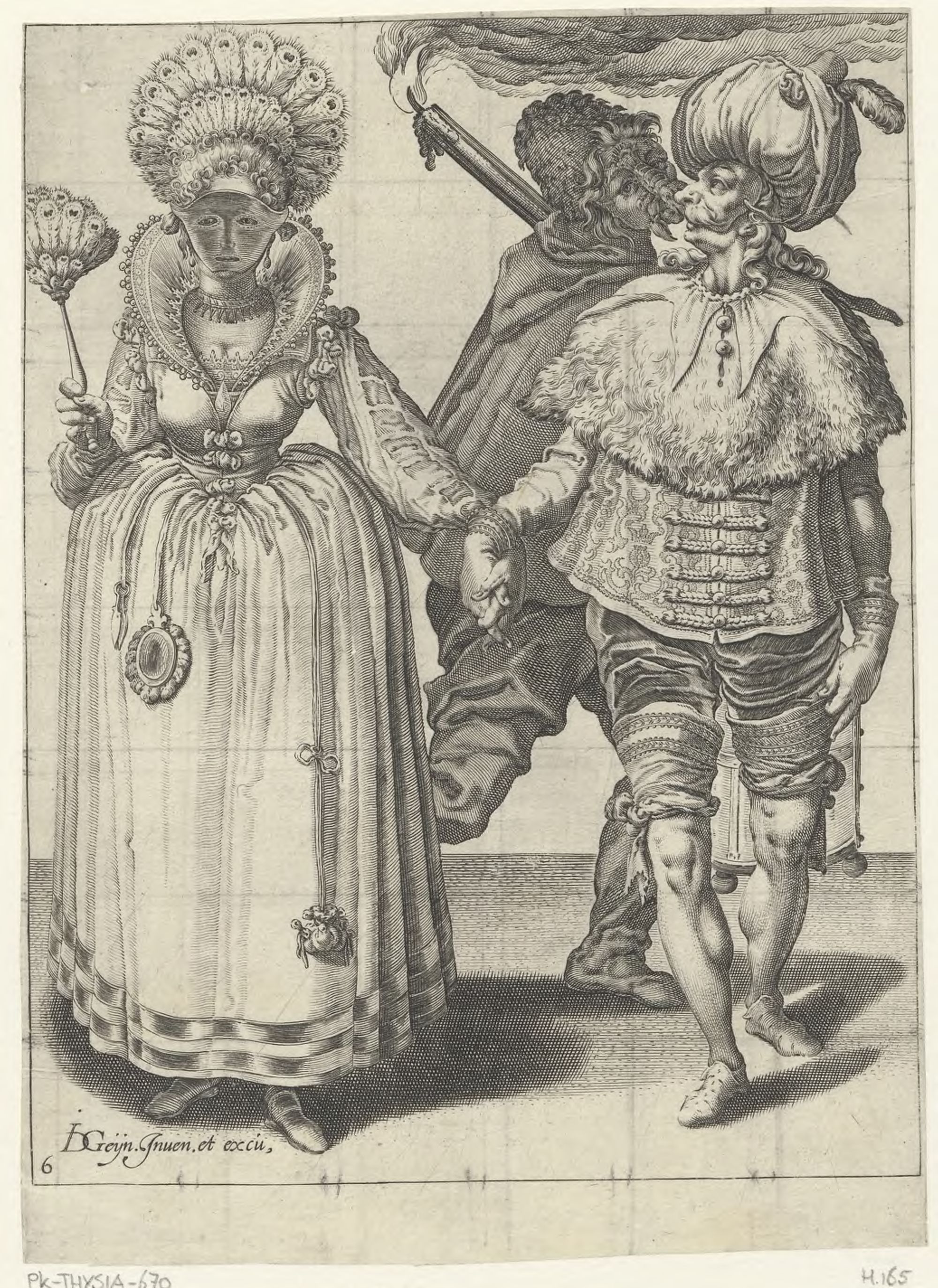 The masquerades: A torchbearer behind a masked couple