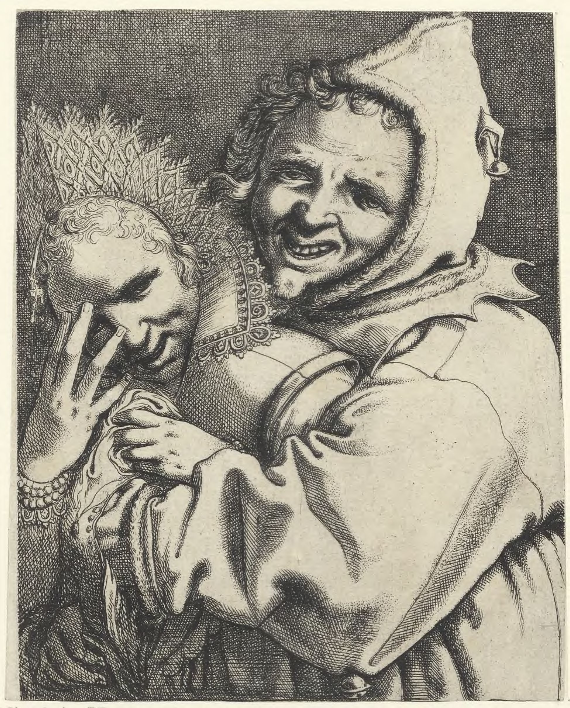 A jester embraces a girl who looks through her fingers