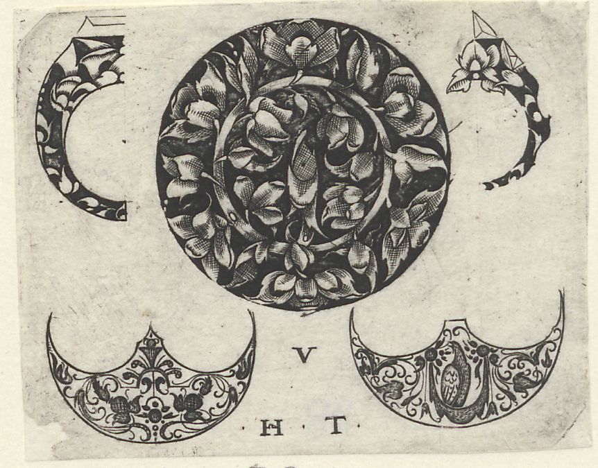 Blackwork ornaments: A circular ornament with flower motif surrounded by four jewelry designs