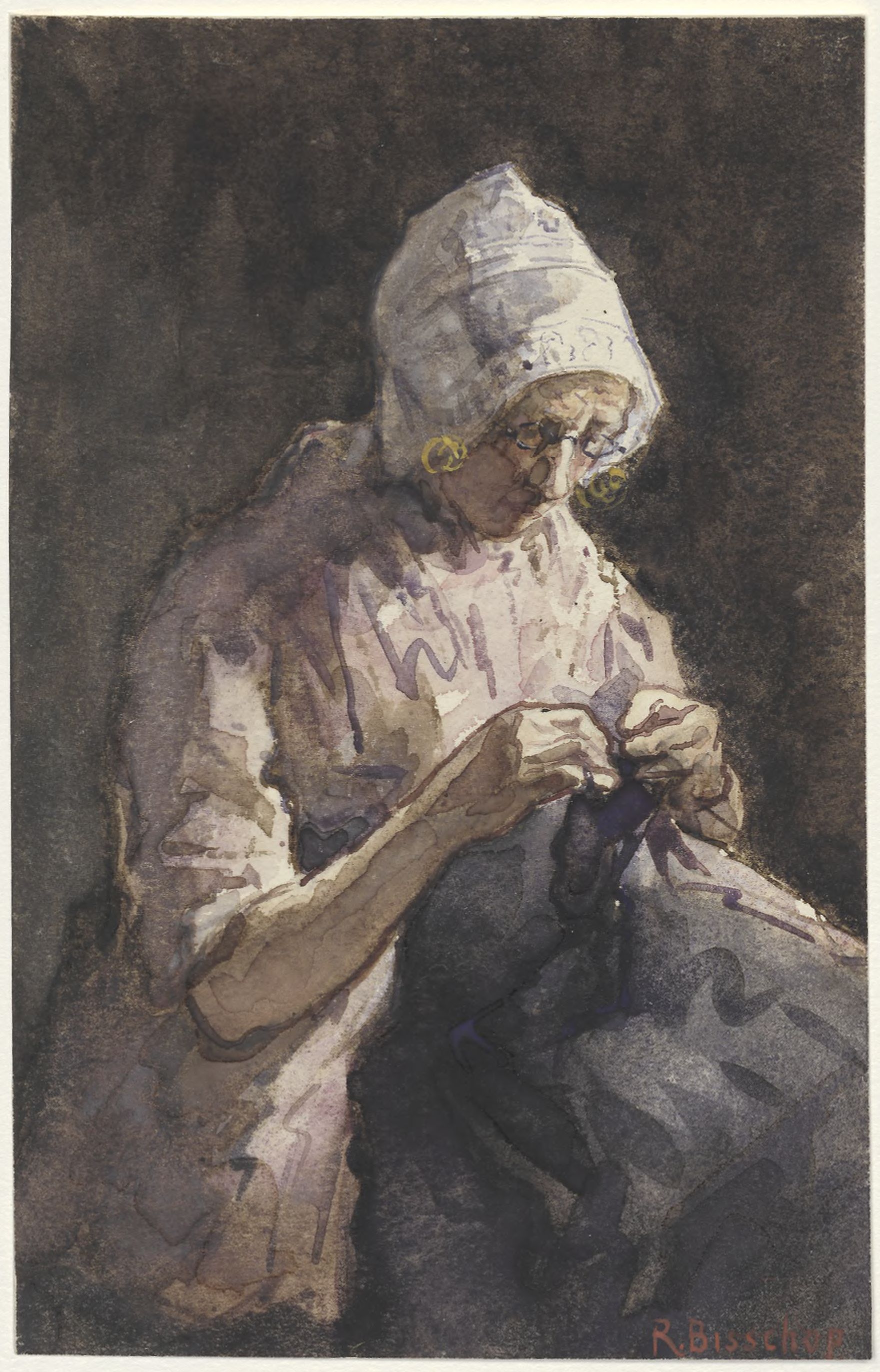Old woman knitting