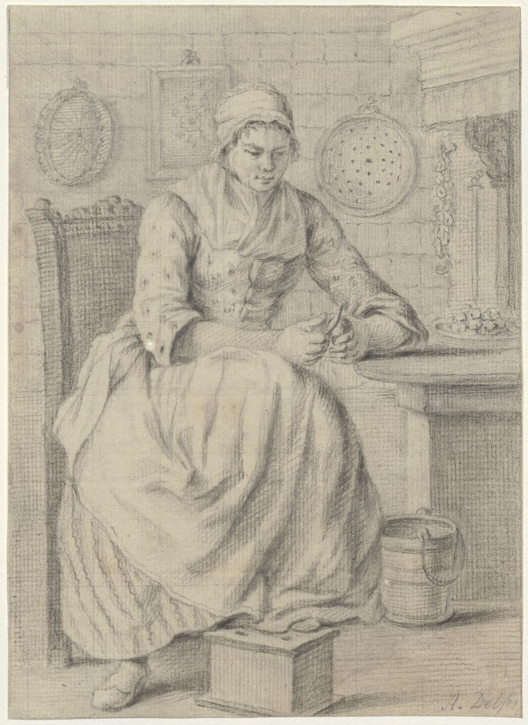 Woman in a kitchen, peeling vegetables