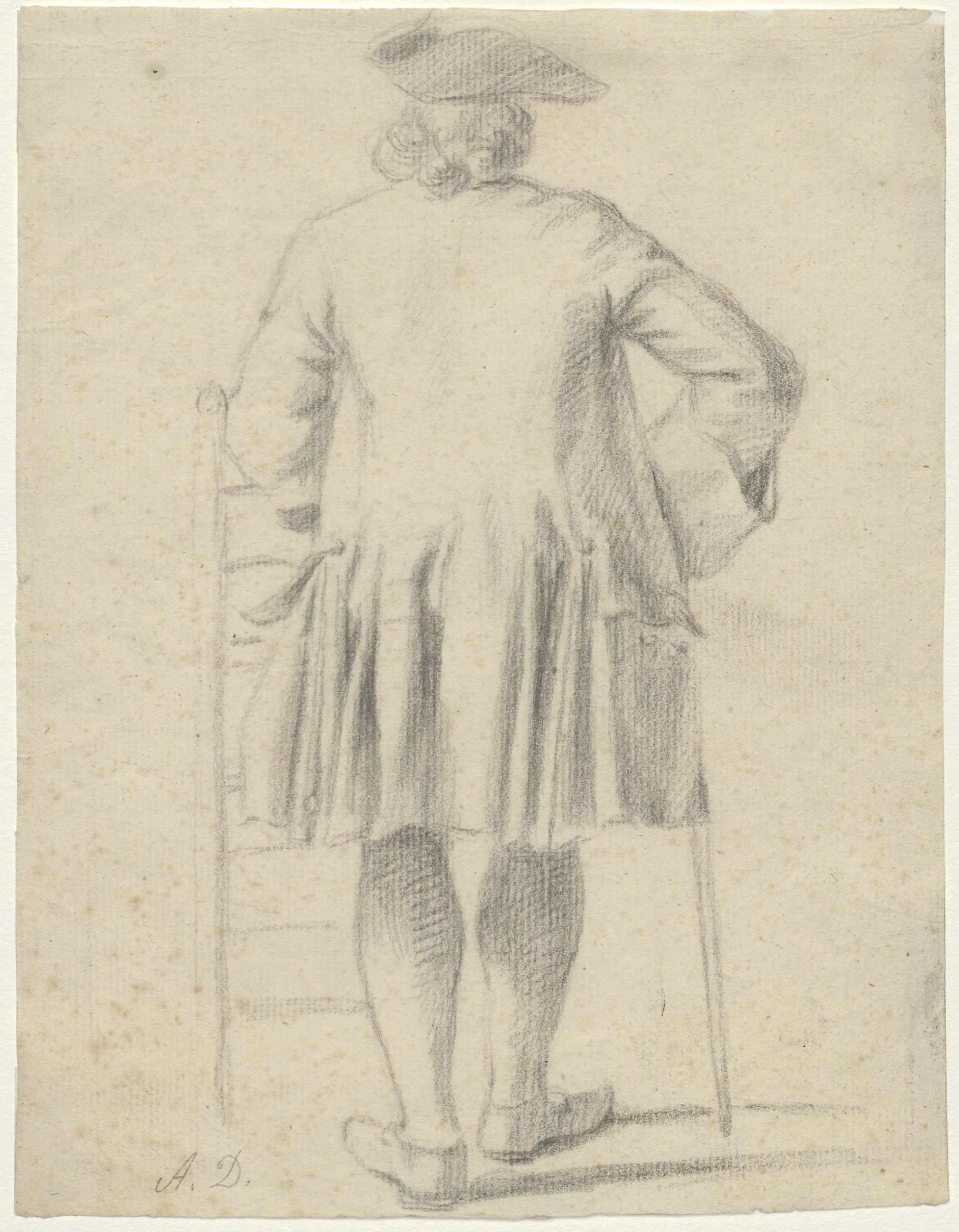 Standing man with a cane, seen from behind
