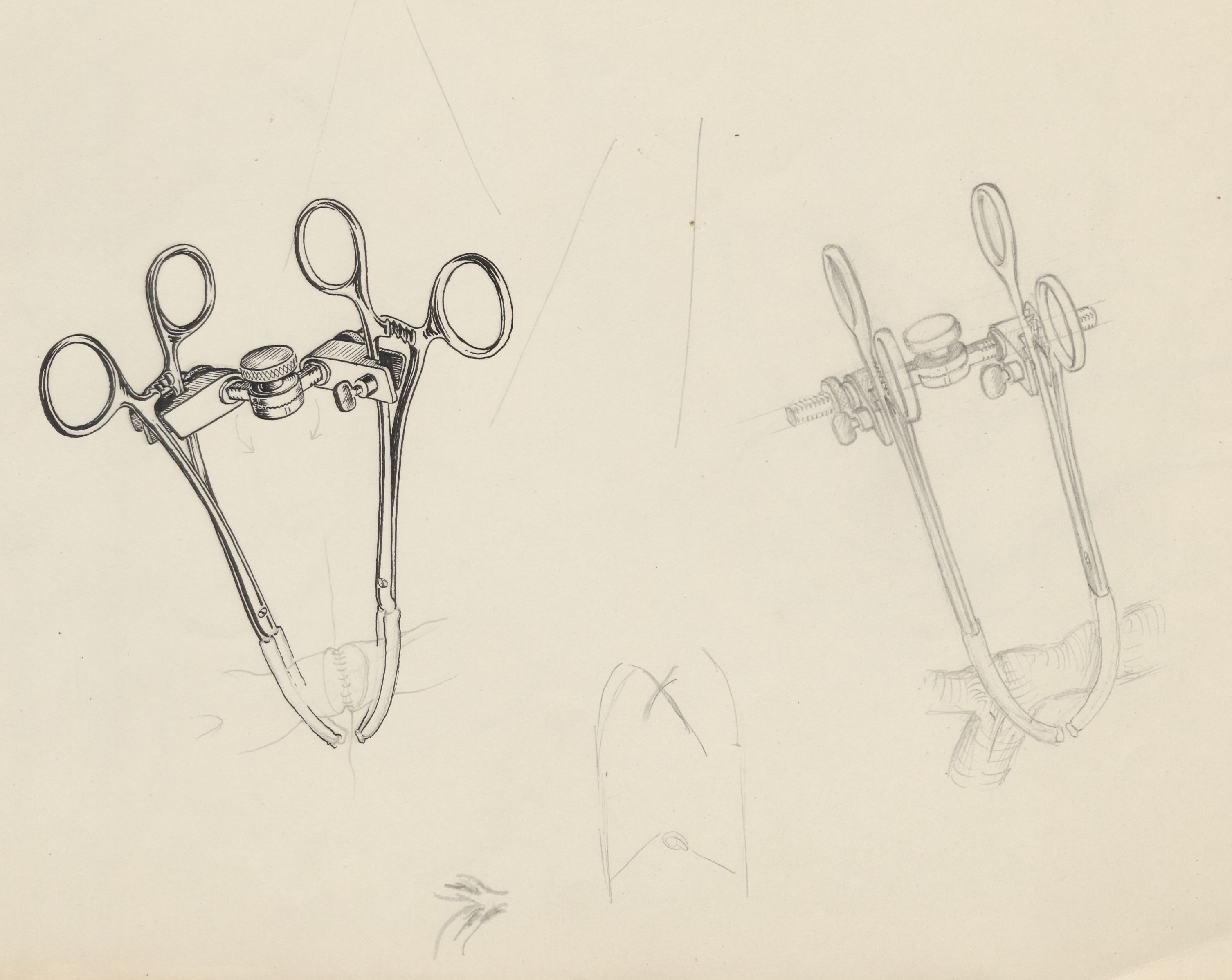 Surgical clamps holding a vein (verso: Sketch of the circulatory system)